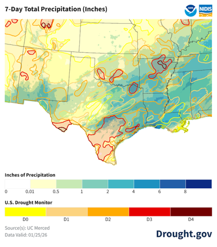 Precipitation from a severe winter storm in late January 2026, shown in blue and measured in inches, largely missed the areas with the worst drought conditions, indicated by red contour lines.
              UC Merced, NDMC