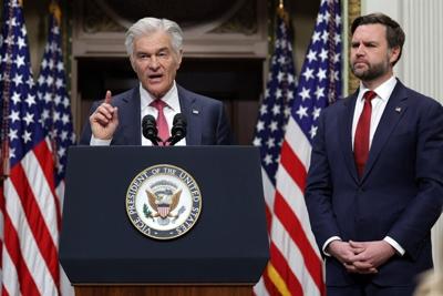 U.S. Vice President JD Vance listens as Mehmet Oz, the administrator for the Centers for Medicare & Medicaid Services, speaks about healthcare fraud.