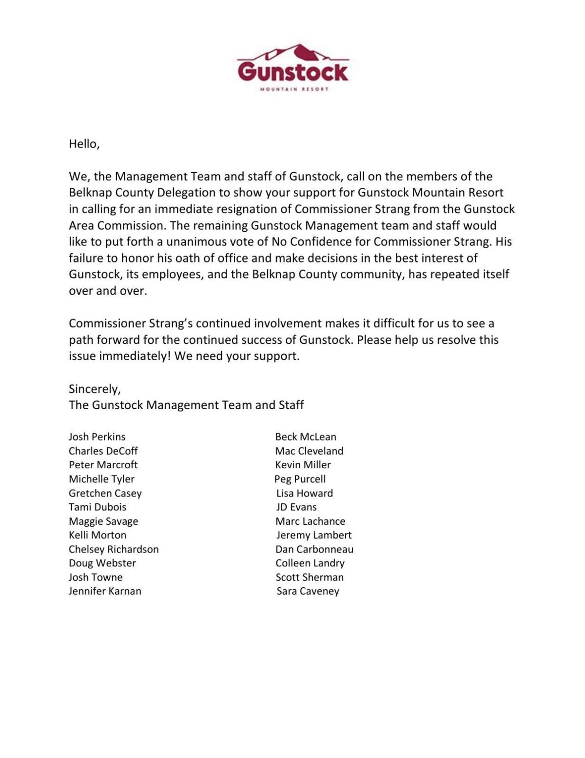 Gunstock staff letter to Belknap County Delegation