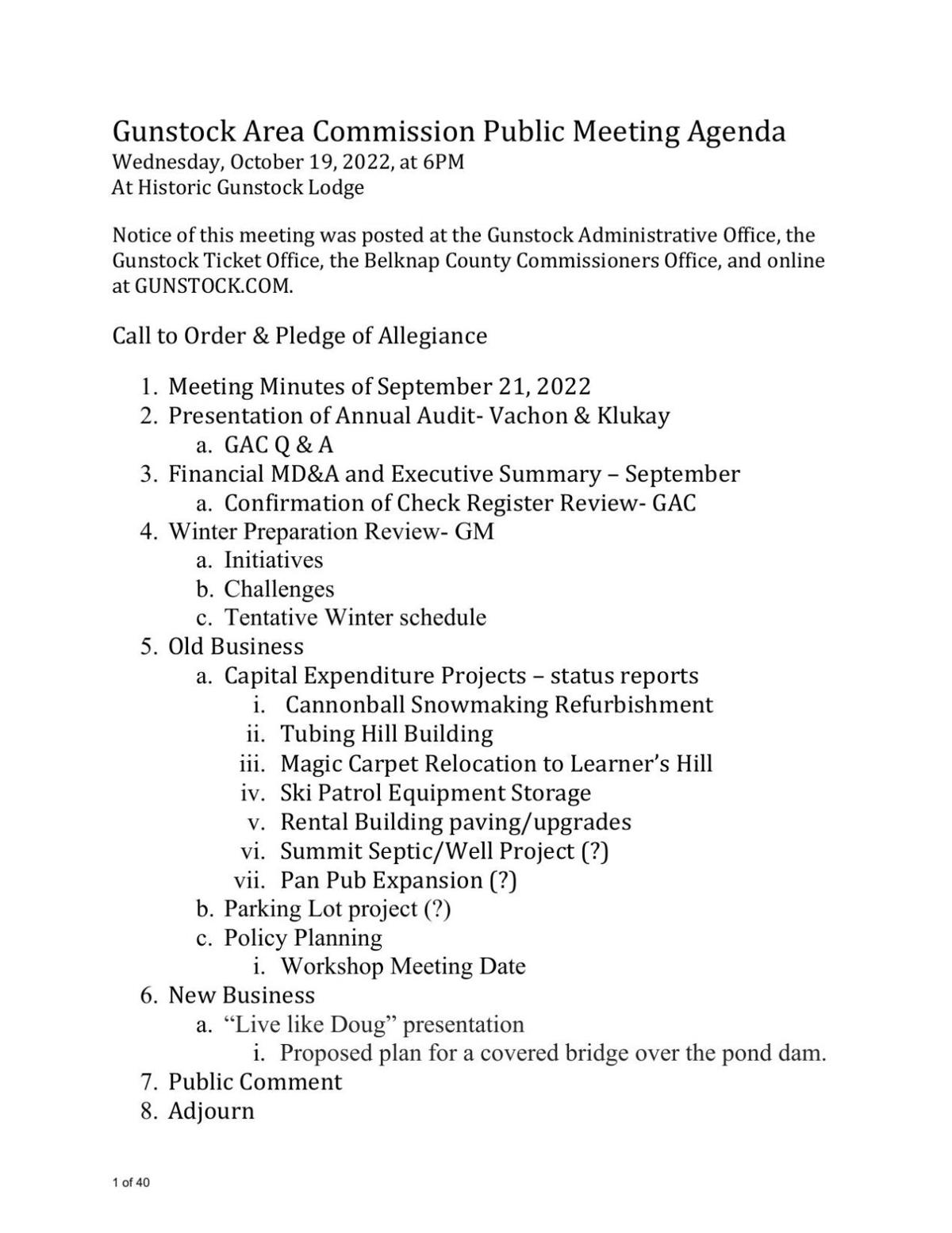 Gunstock Area Commission Meeting Materials Oct. 19, 2022
