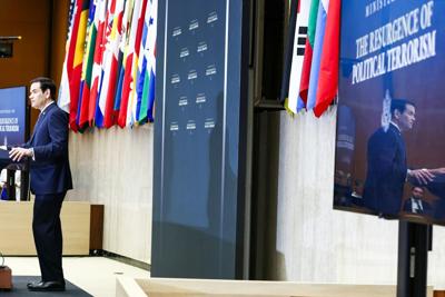 U.S. Secretary of State Marco Rubio delivers opening remarks during the Ministerial on the Resurgence of Political Terrorism at the State Department on July 16, 2026, in Washington.