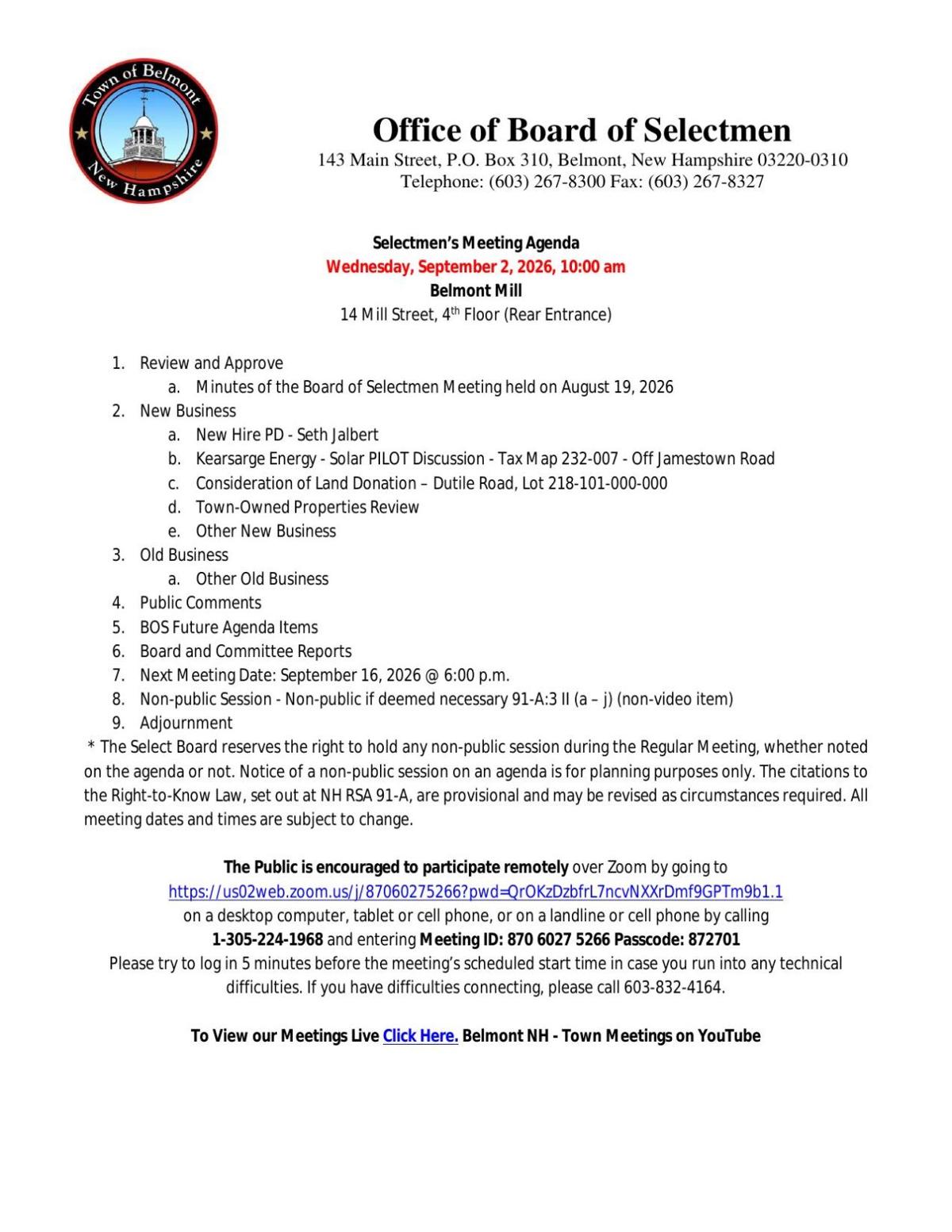 Belmont Selectboard Agenda Sept. 2