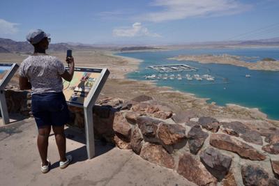 A view over Lake Mead shows how far the lake's level has fallen.