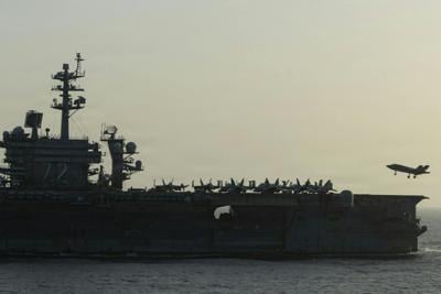 The USS Abraham Lincoln conducts blockade operations on April 16, 2026, in the Arabian Sea.