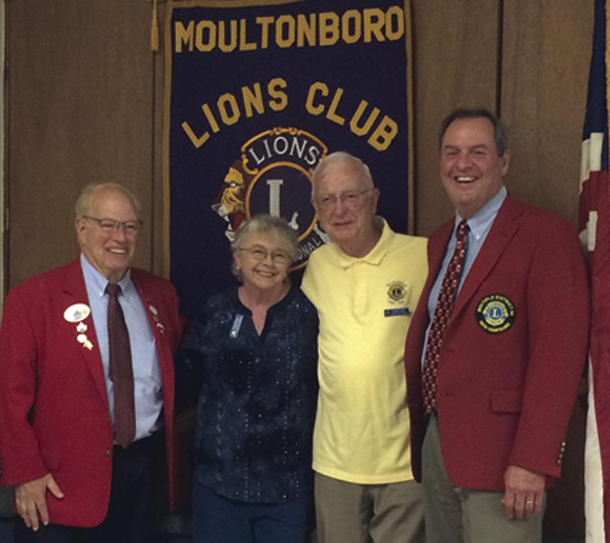 District Governor Sam Longbook joins recipients of the Fidelco Loyal Shepherd Fellow award, Lions Joe and Pat Keegan, and President Mark Cotrupi.