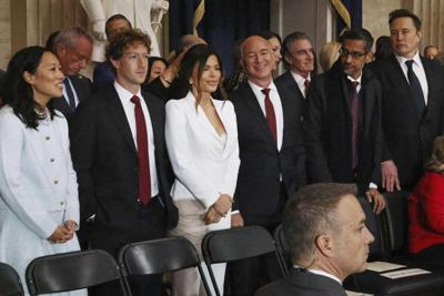 Billionaires like Mark Zuckerberg, Jeff Bezos, Sundar Pichai and Elon Musk, pictured here at President Donald Trump's 2025 inauguration, have seen their wealth soar thanks to the stock market boom and beneficial tax changes.