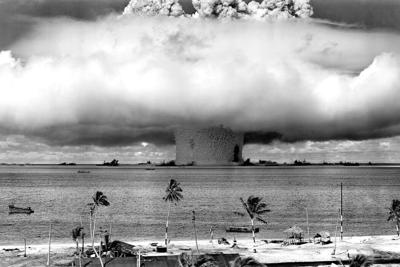 A nuclear bomb explodes at Bikini Atoll in the Pacific Ocean in 1946, one of several U.S. test explosions.