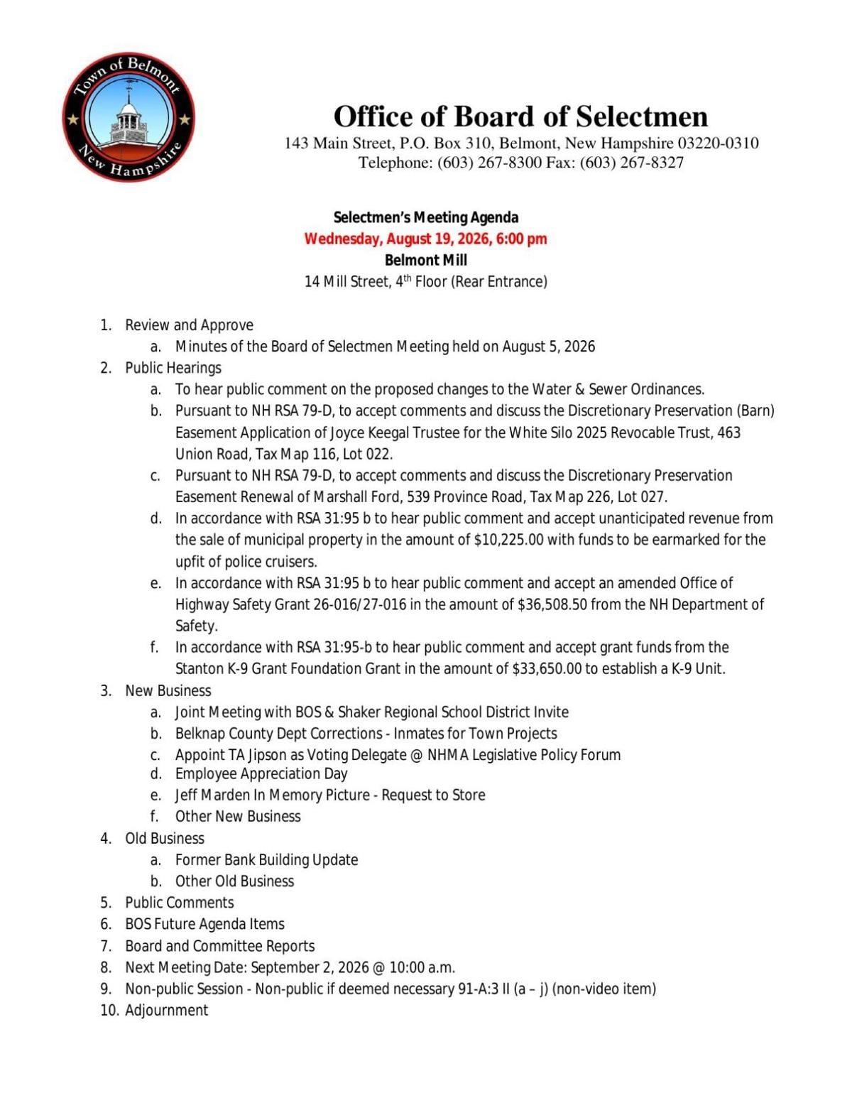 Belmont Selectboard Agenda Aug. 19