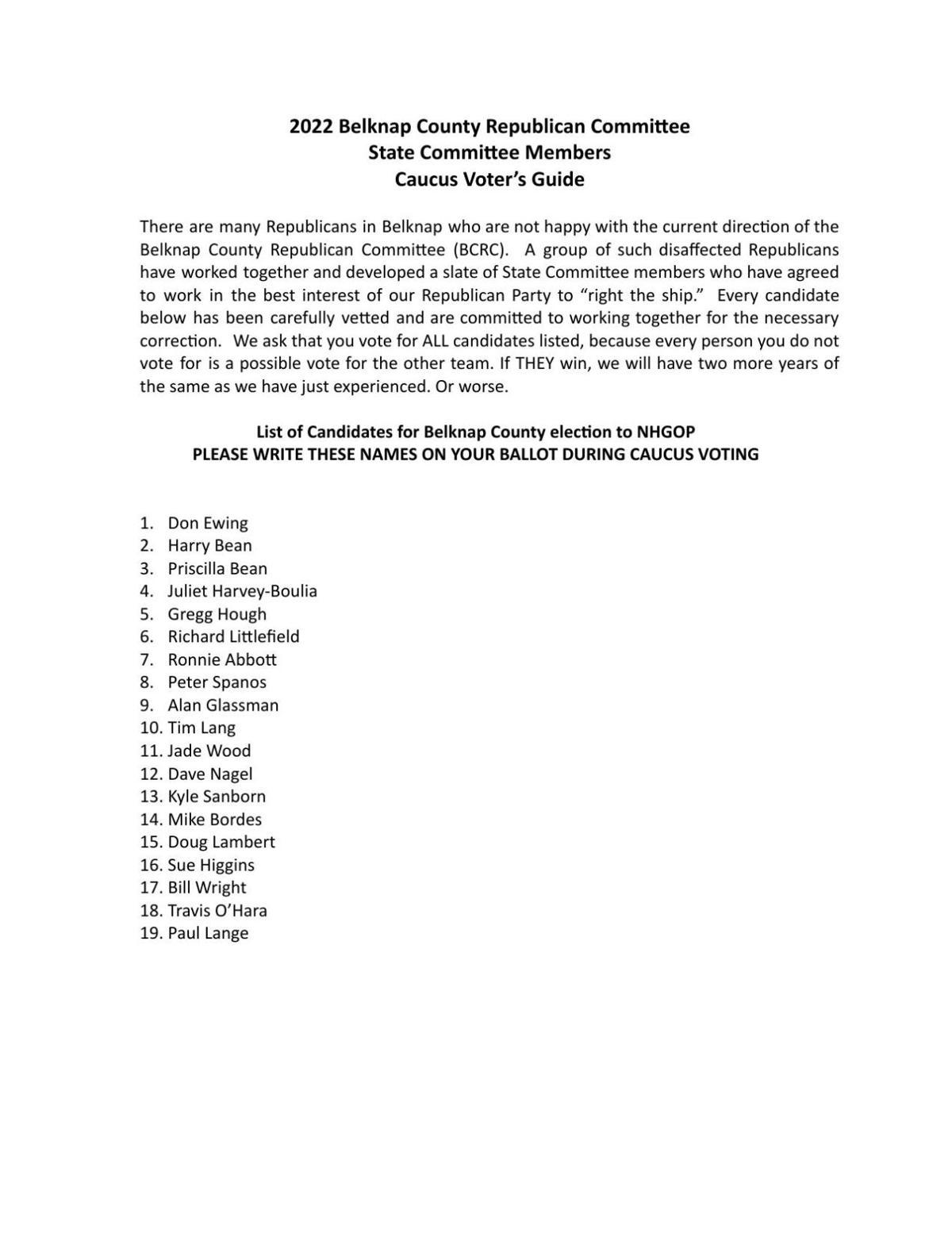 2022 Belknap County Republican Committee State Committee Members Caucus Voter’s Guide