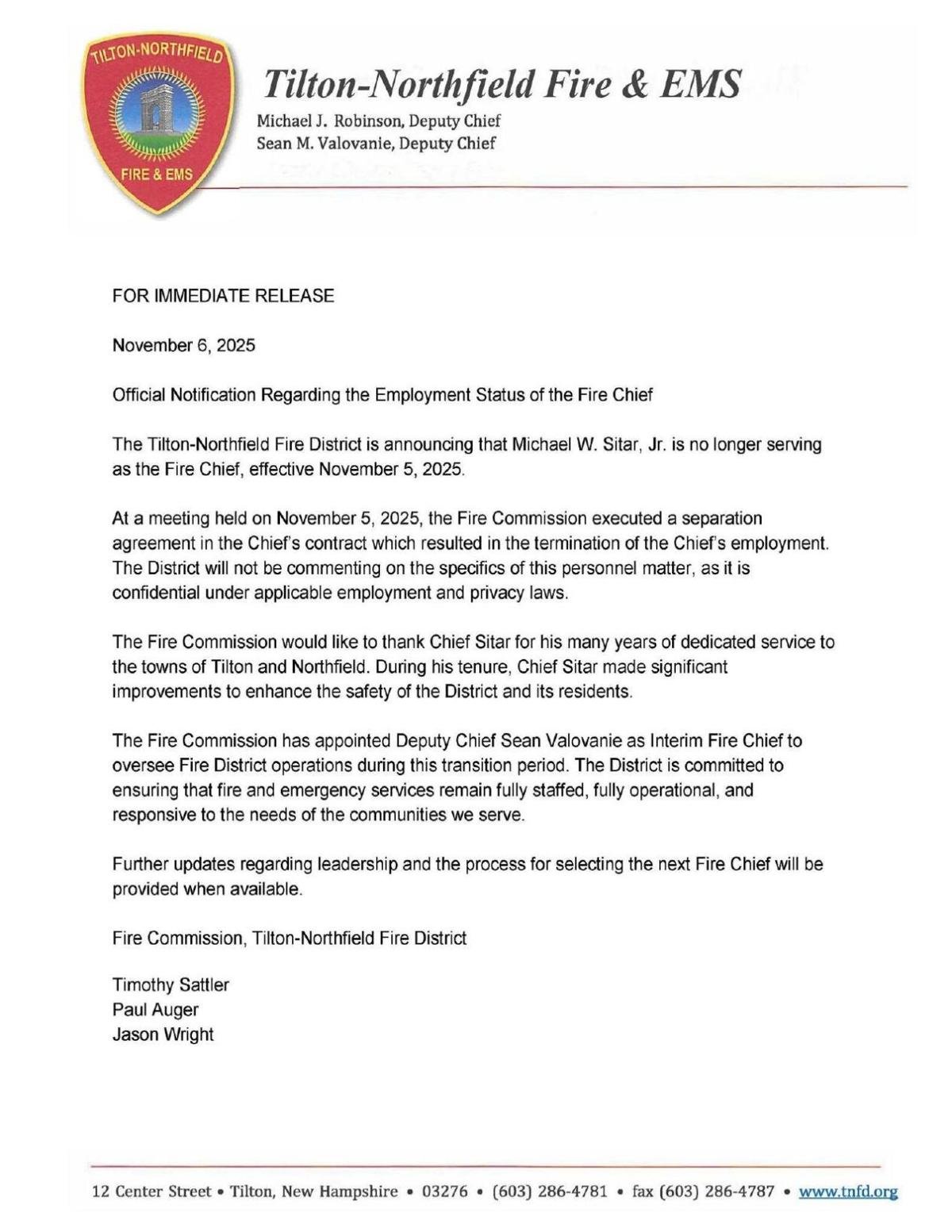 Official Notification Regarding the Employment Status of the Fire Chief