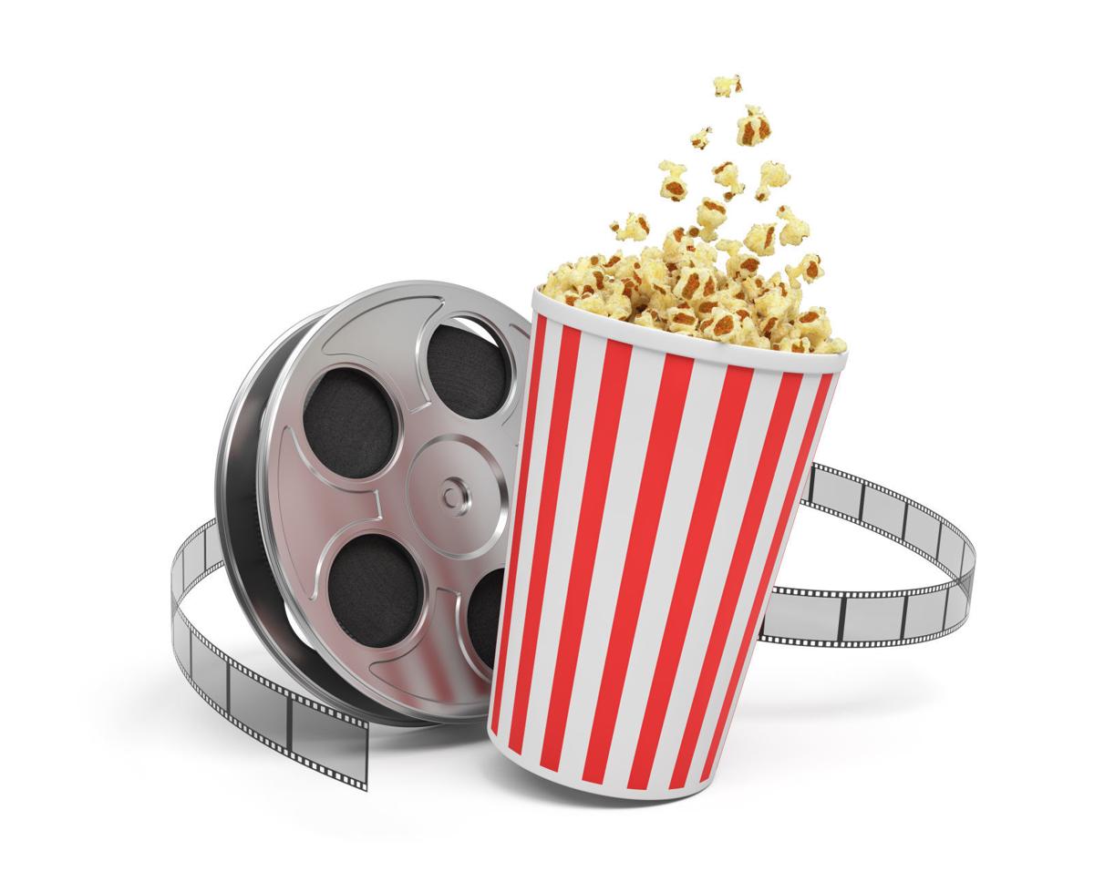 3d rendering of a video reel with video film stretching around a big bucket full of popcorn