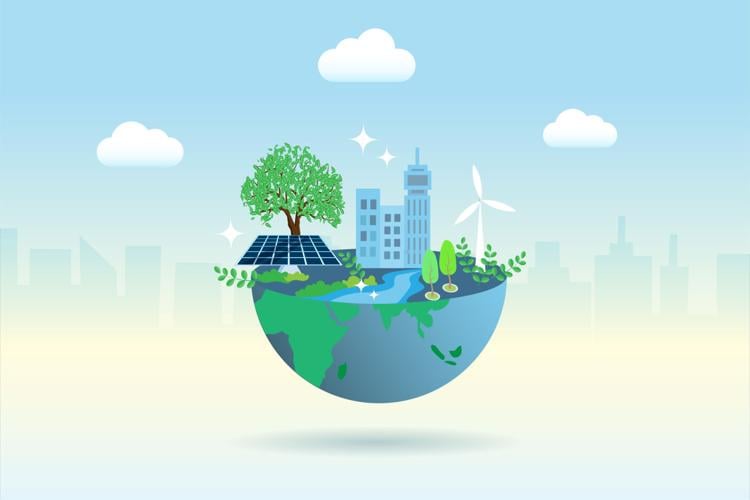 Green globe with friendly environment buildings, wind turbines and solar panels. Ecology, environment, earth day