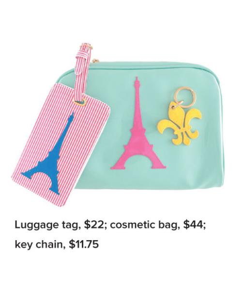 Luggage tag, $22; cosmetic bag, $44; key chain, $11.75