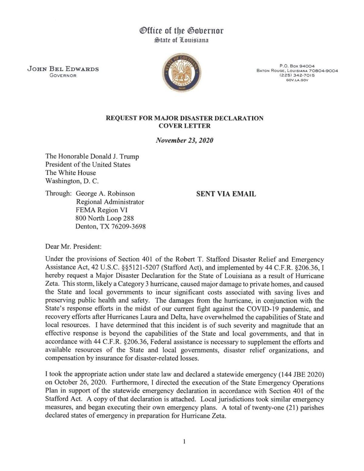 Gov. Edwards requests Major Disaster Declaration for Louisiana due to