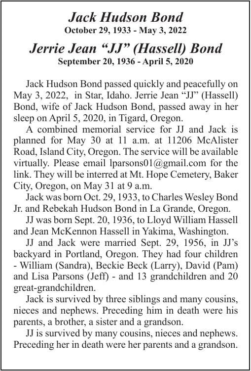 Obituary Jack & JJ Bond Obituaries