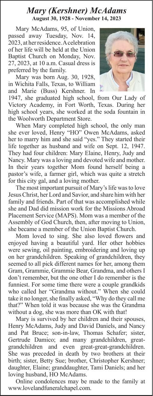 Obituary: Mary (Kershner) McAdams, 1928-2023 | Obituaries ...