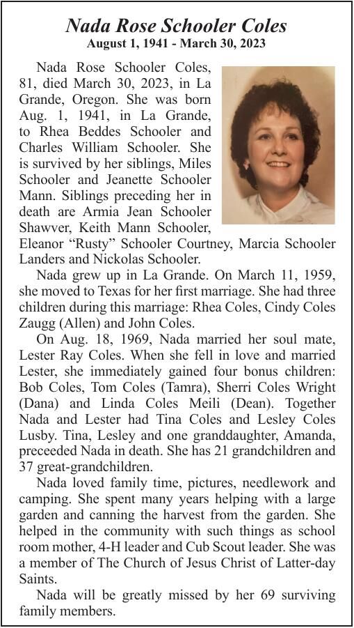 Obituary: Nada Rose Schooler Coles, 1941-2023 | Obituaries ...