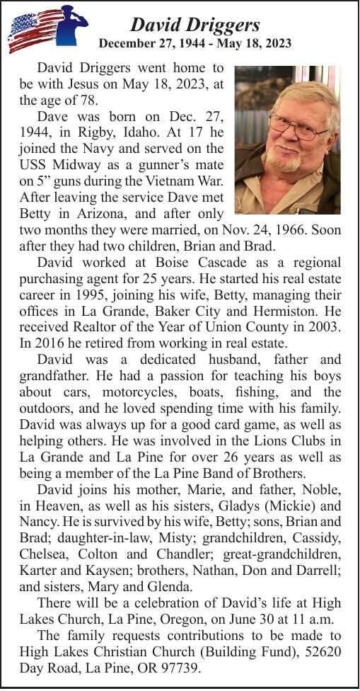 Obituary: David Driggers, 1944-2023 | Obituaries | lagrandeobserver.com