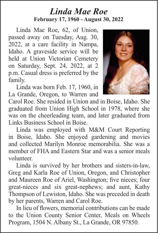 Obituary: Linda Mae Roe, 1960-2022 | Obituaries | lagrandeobserver.com