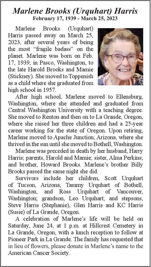 Obituary: Marlene Brooks (Urquhart) Harris, 1939-2023 | Obituaries ...