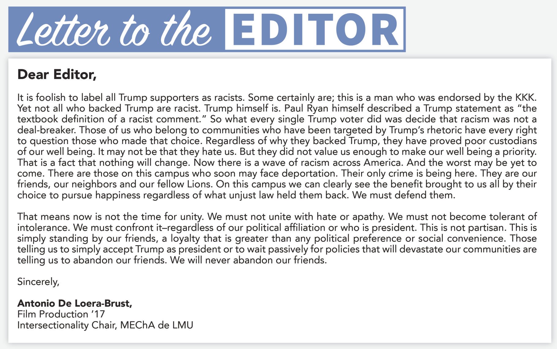 Letter To The Editor | Letters To The Editor | Laloyolan.com