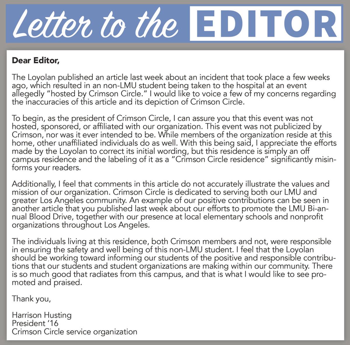 Letter to the editor | Letters To The Editor | laloyolan.com