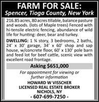 FARM FOR SALE: 216.85 ac in SPENCER, NY - Tioga Co