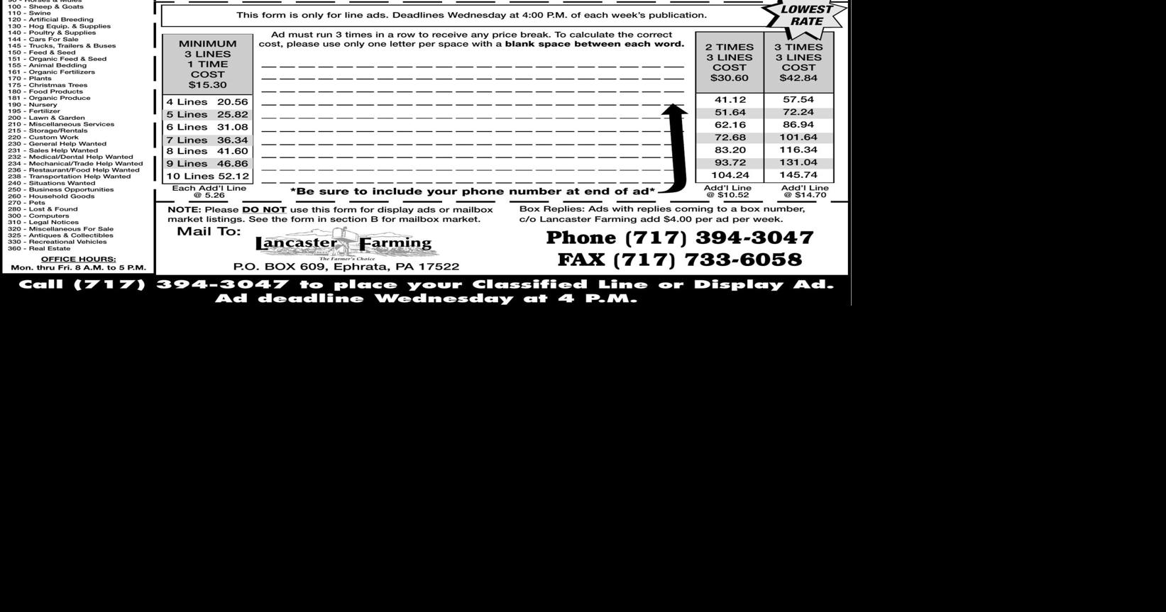 CLASSIFIED AD FORM | Farm Equipment | lancasterfarming.com