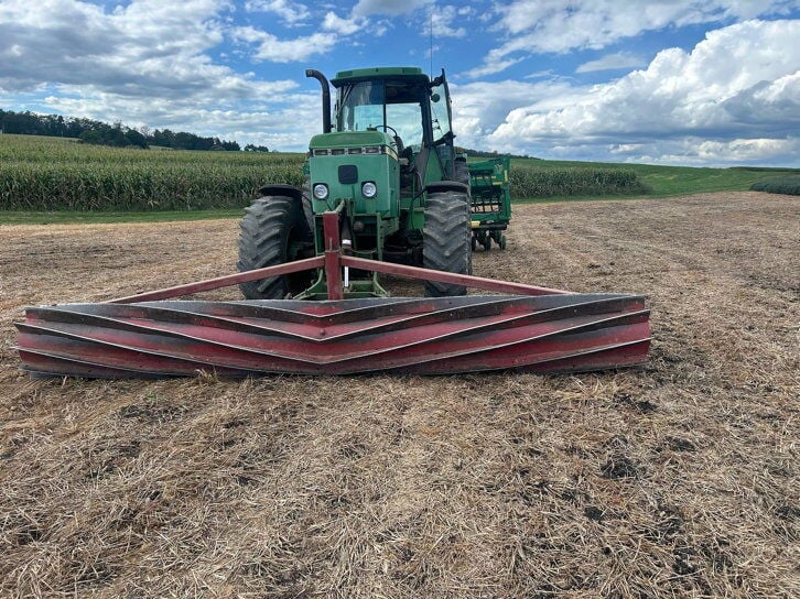 I&J Manufacturing roller/crimper used for spring termination of cover crops and for fall rolling of corn stalks to enhance stover degradation.