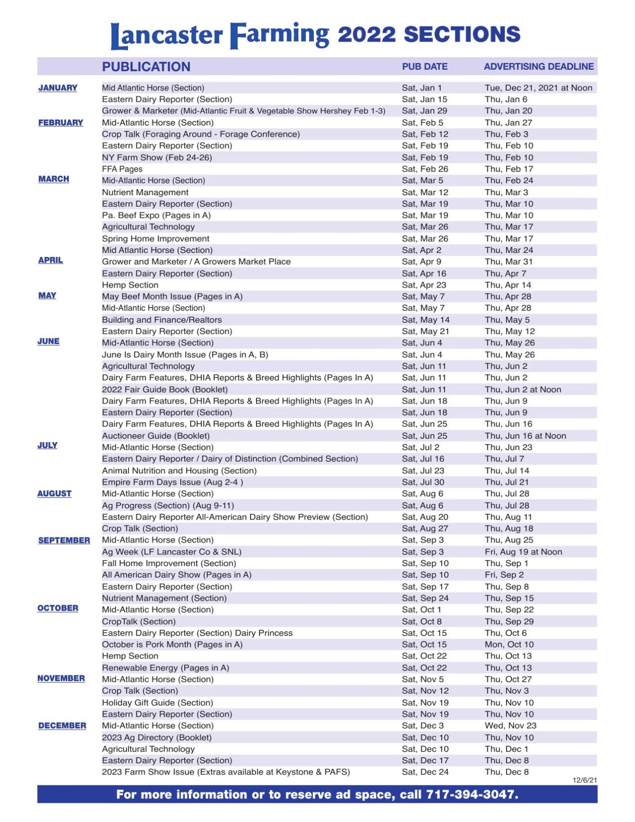 Lancaster Farming Editorial Calendar 2022