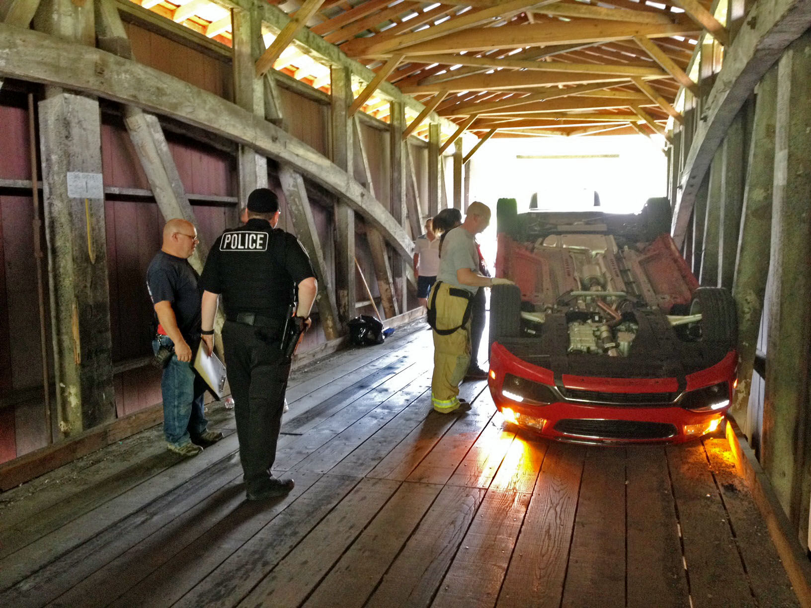 Car Overturns Inside Covered Bridge In Rapho; No One Injured | Local ...