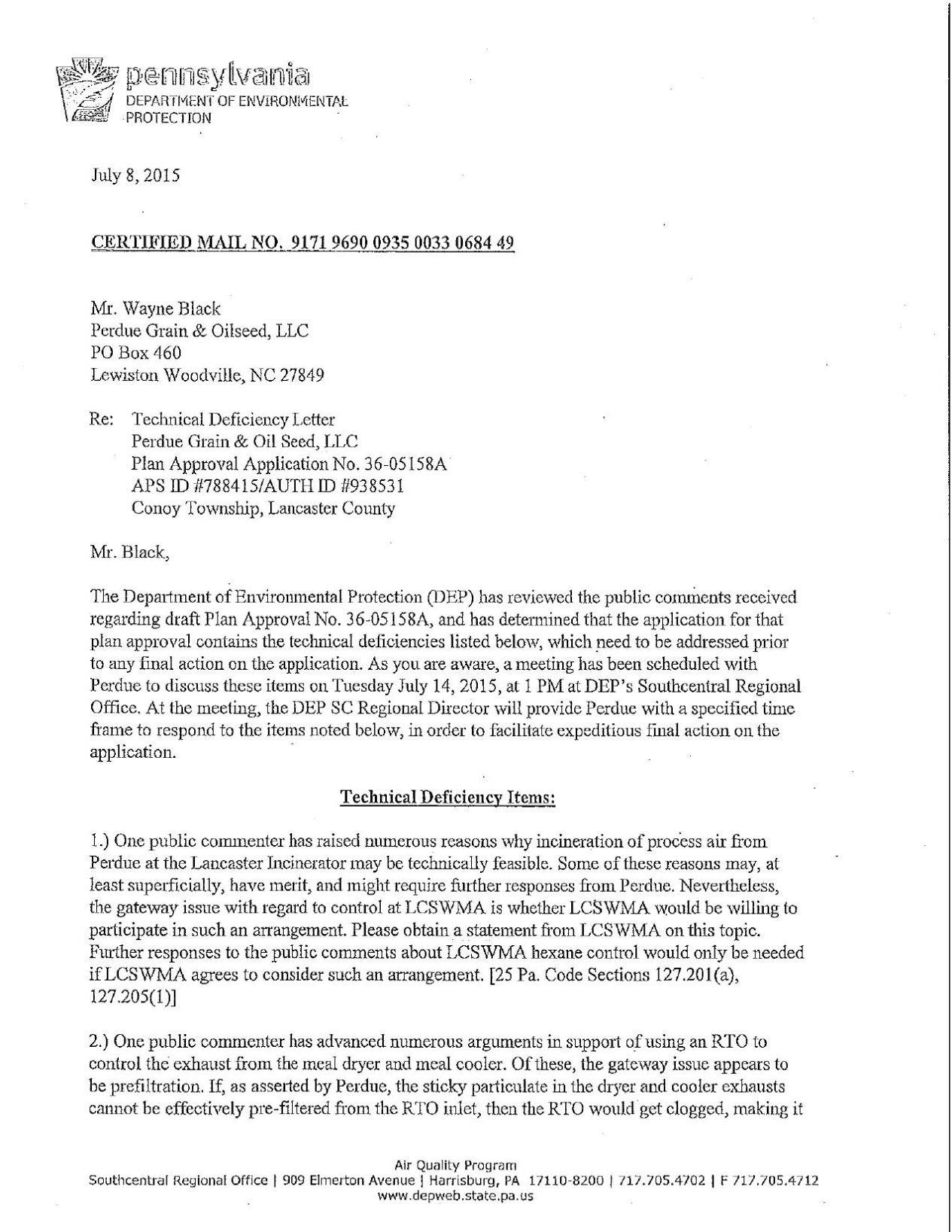 DEP - Technical Deficiency Letter to Perdue - 8 July 2015 ...