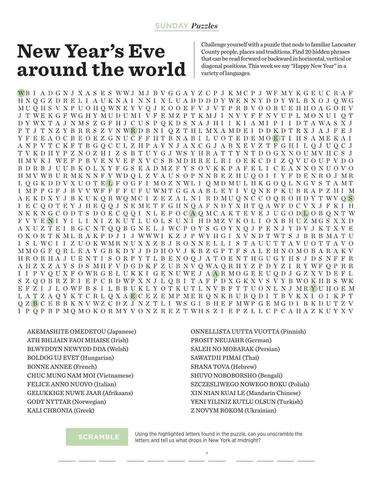 Word Search New Year's Eve around the world Sunday