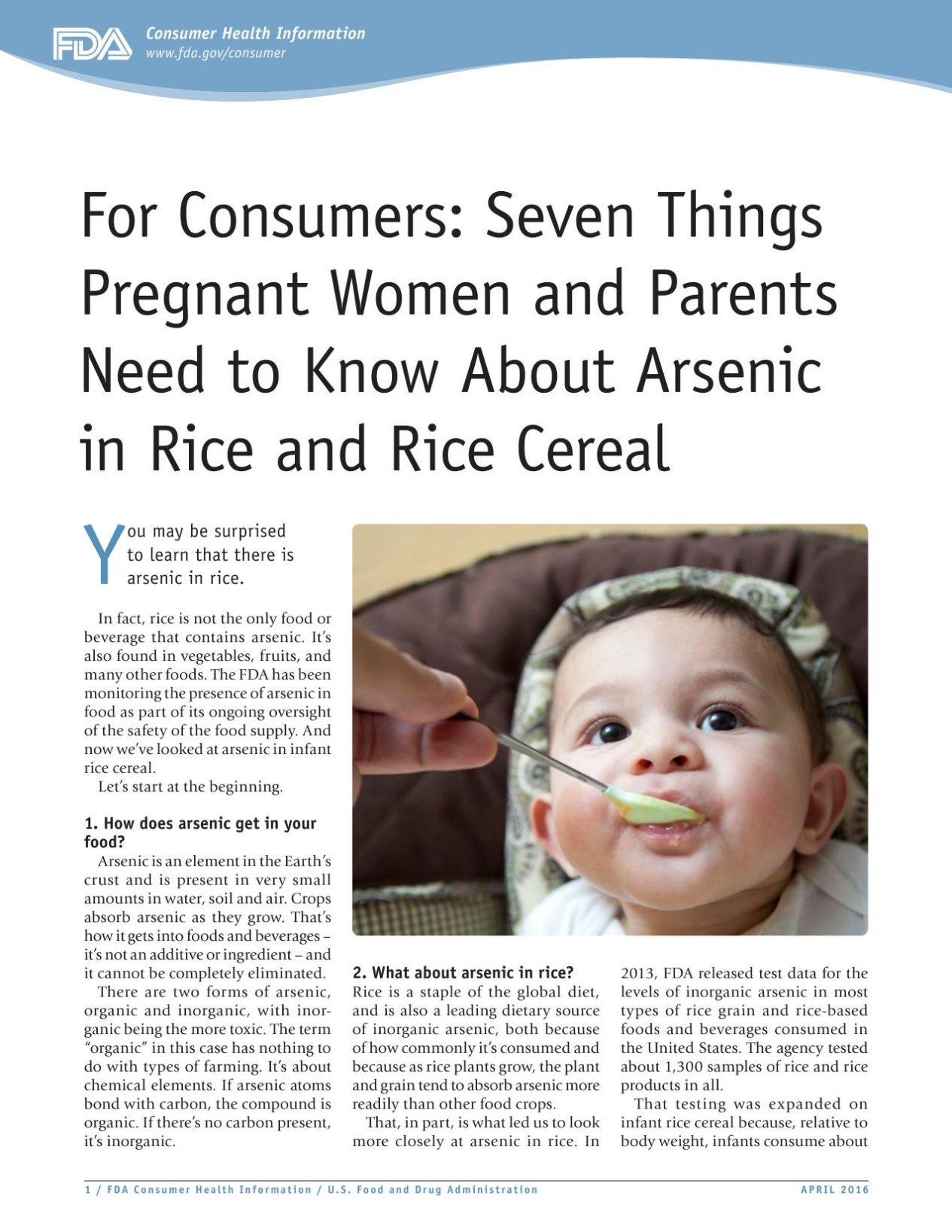 FDA to parents Vary diet to avoid overexposing infants to arsenic in