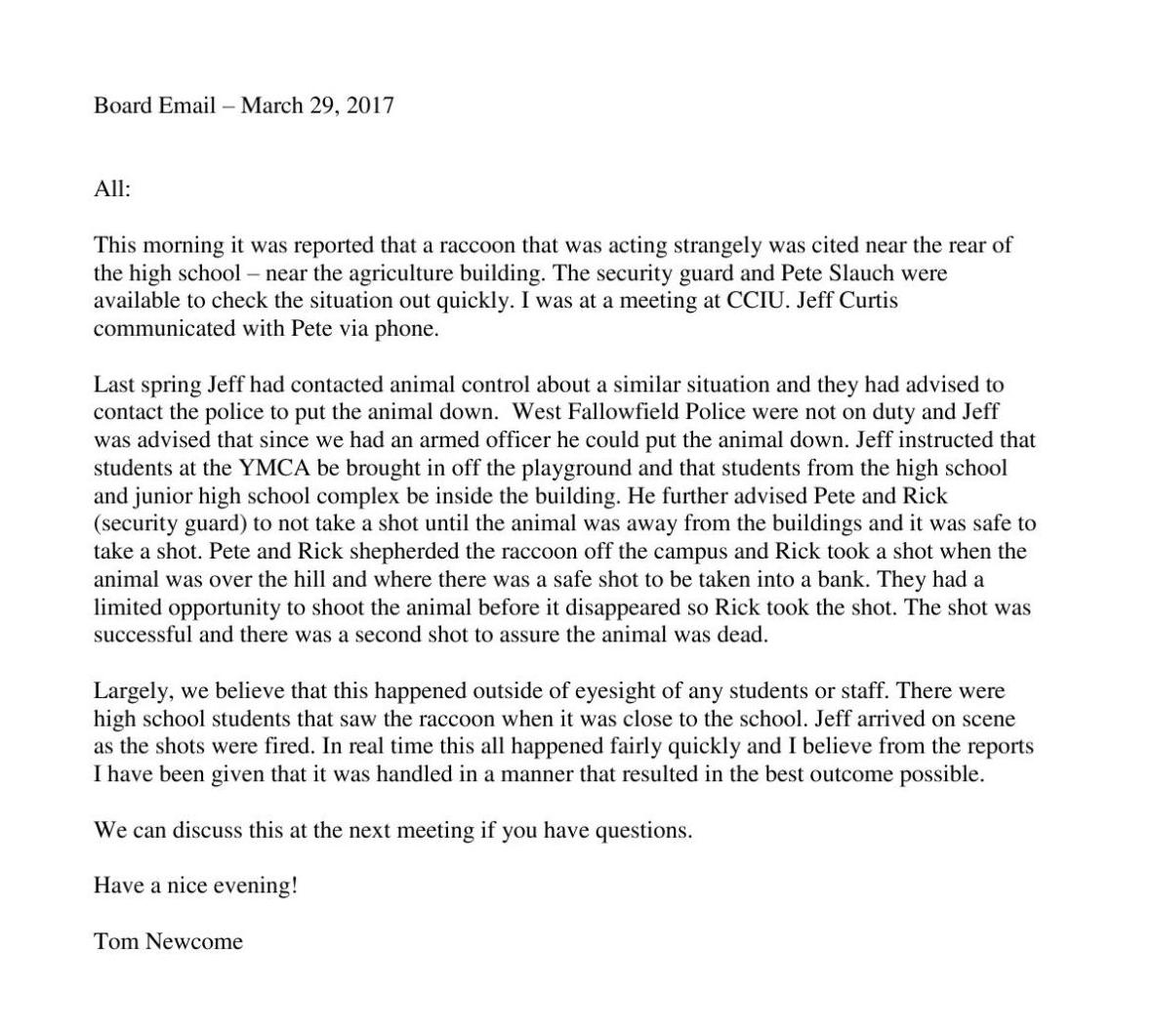 octorara superintendent email about raccoon