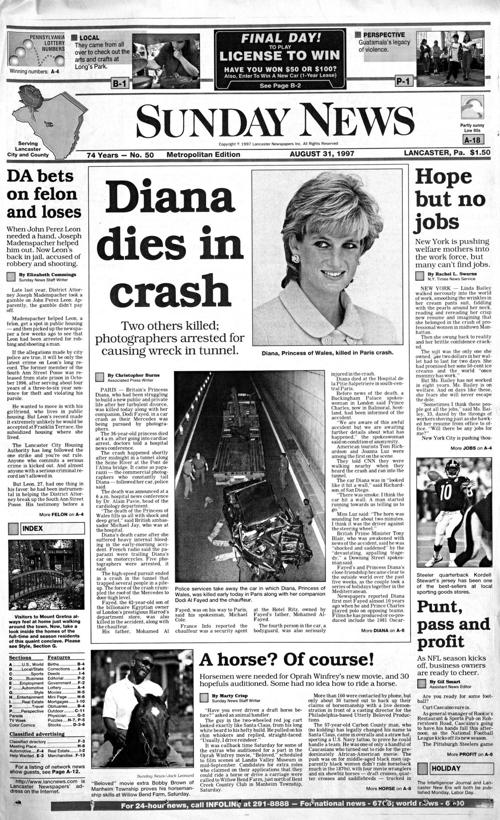 In 1997 The World Mourned Princess Diana After Car Crash In Paris Historic Front Page Lanclife Lancasteronline Com