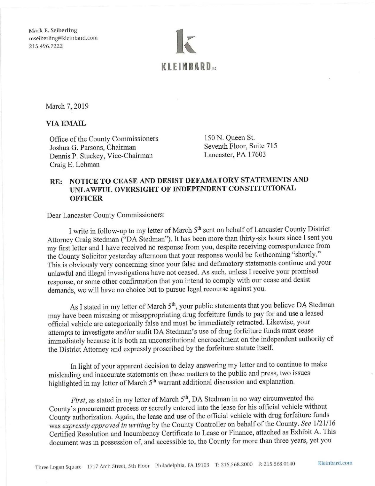 Follow-up Letter From Lawyer For DA's Office To County Solicitor ...