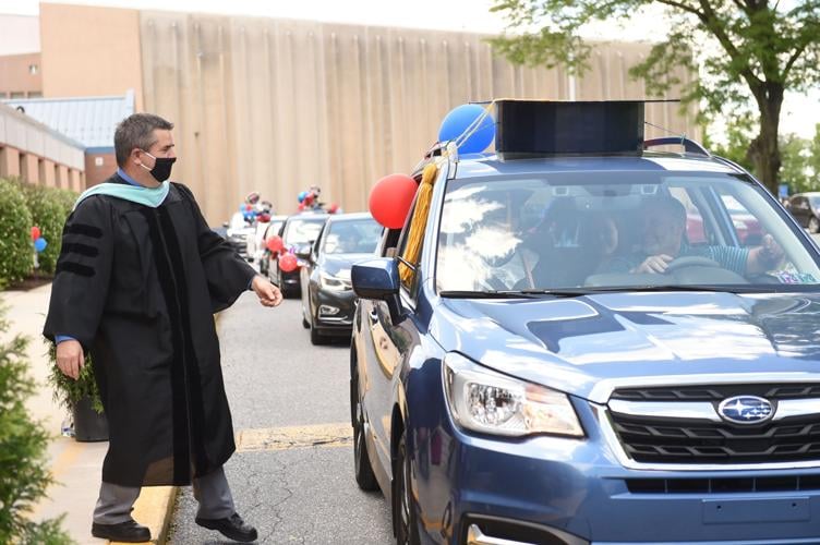 Students lined up in cars for Conestoga Valley High School's graduation