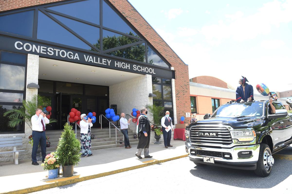 Students lined up in cars for Conestoga Valley High School's graduation