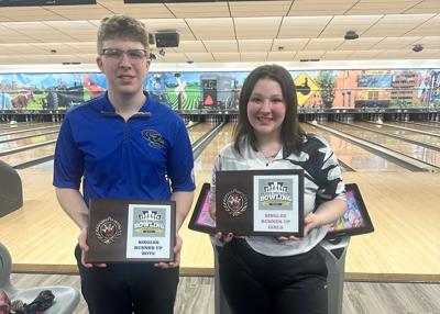 Pennsylvania State High School Bowling Championships at Leisure Lanes; Gavin Courtney of Garden Spot, left, and Taylor Miller of Warwick, right.