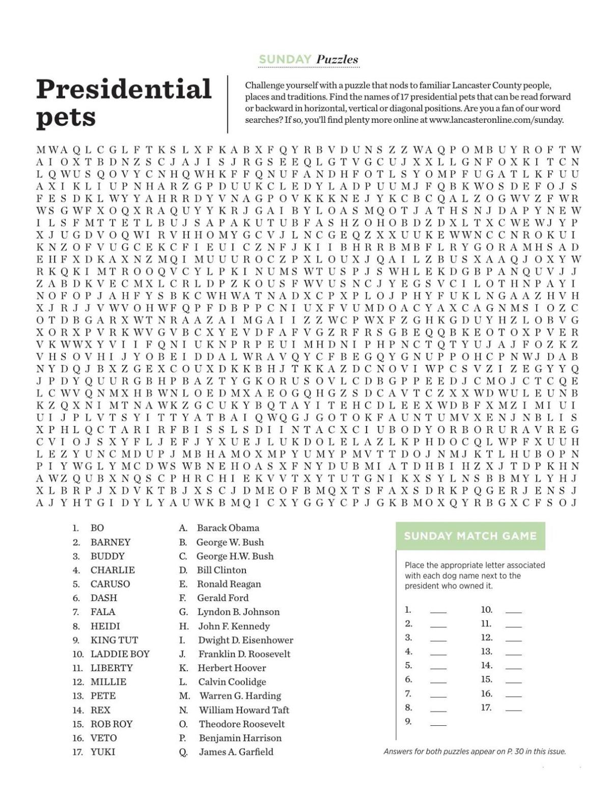 Word Search Presidential Pets Sunday Lancasteronline Com