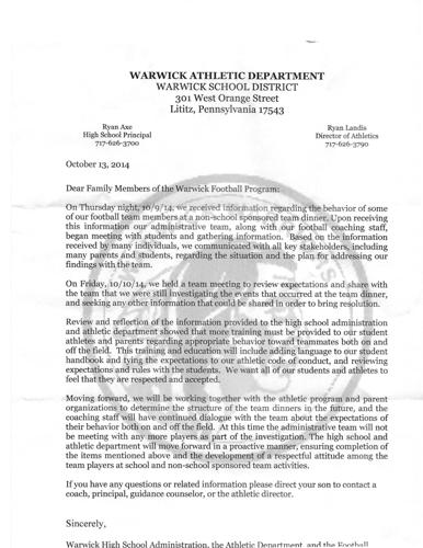 Warwick acknowledges investigation of behavior of football team members ...