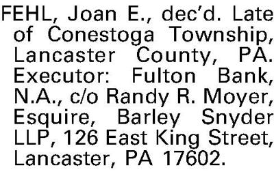 FEHL, Joan E. | Estate Notices | lancasteronline.com