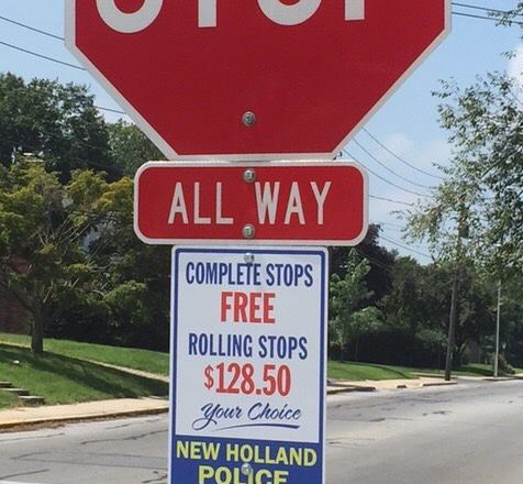 Slow your roll: Signage reminds drivers to come to a complete stop in New  Holland, or pay $128.50, Local News