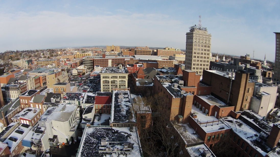 VIDEO Aerial view of downtown Lancaster shows how snow is lingering on