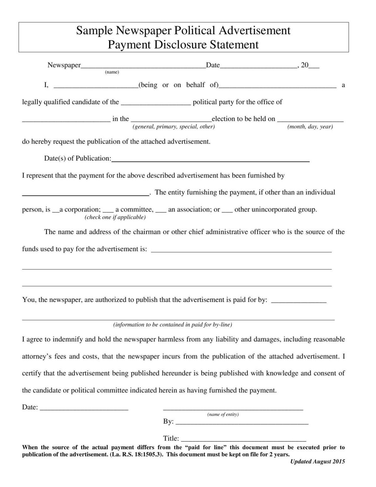 sample newspaper political advertisement payment disclosure