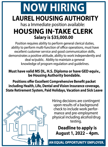 Laurel Housing Authority is hiring for a housing in take clerk!