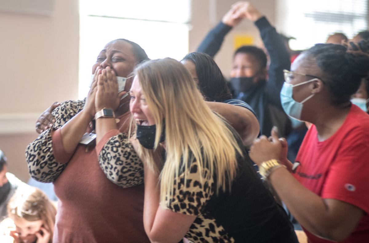 9.25 State test scores LMSA teachers Breonna Norsworthy, Sarah Salas and Armesha Shelby react as they hear the results of LMSA’s state test scores Thursday (Photos by Cam Bonelli).jpg