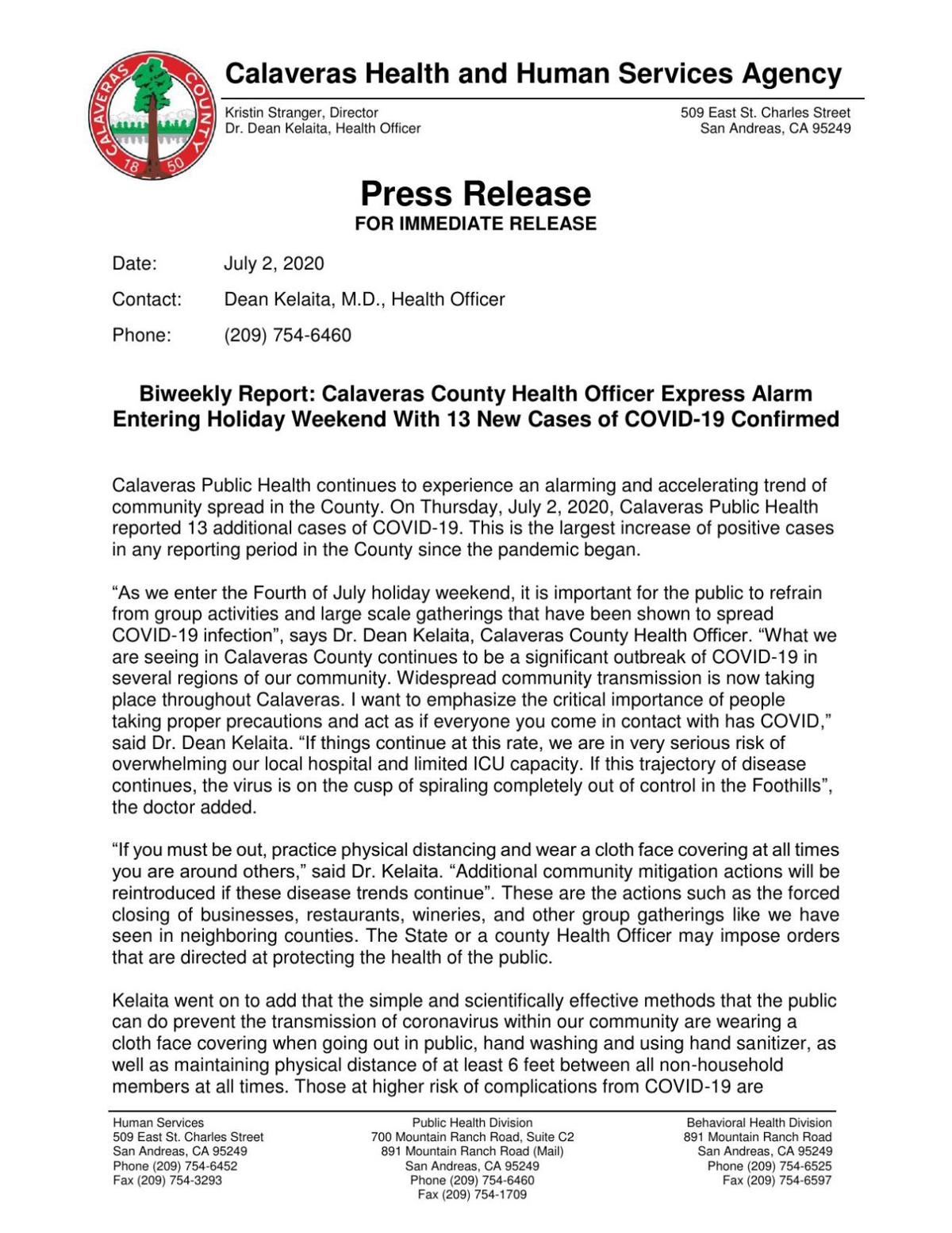 13 New Cases Of Covid 19 In Calaveras County July 2 2020