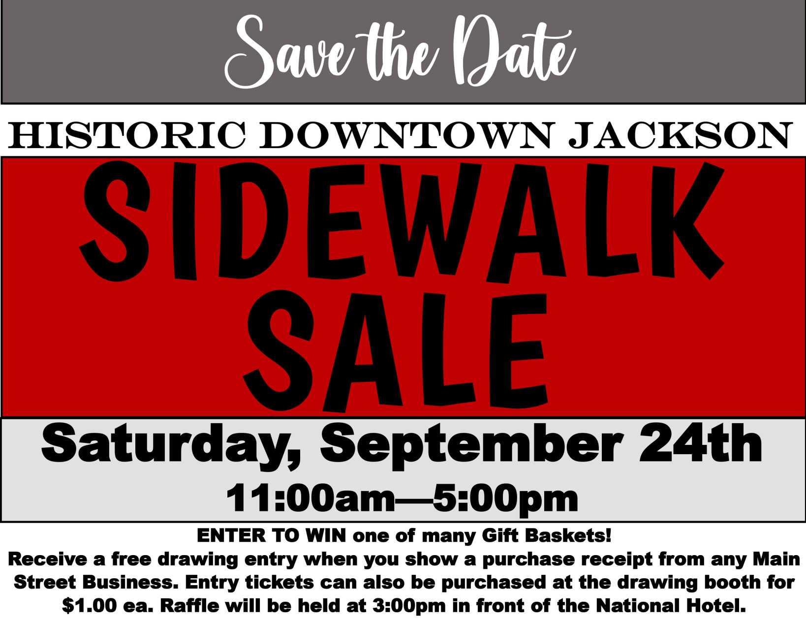 Save the Date Downtown Jackson, CA Sidewalk Sale — Saturday, September